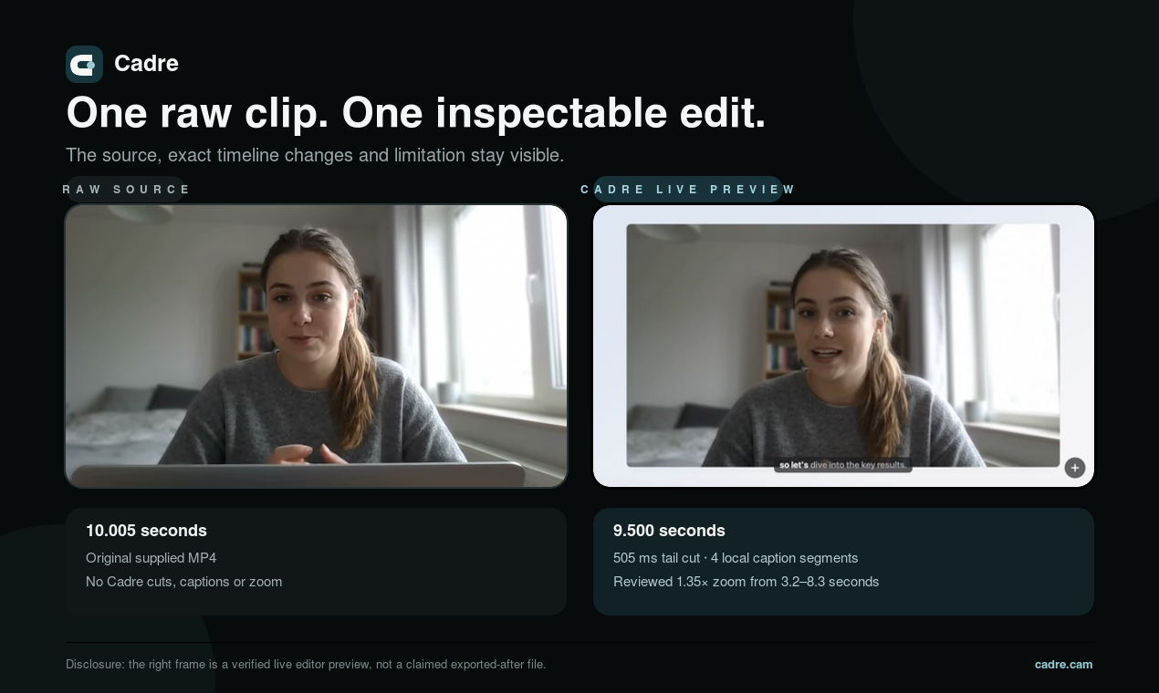 Side-by-side comparison of the supplied raw presenter clip and the verified Cadre live edited preview