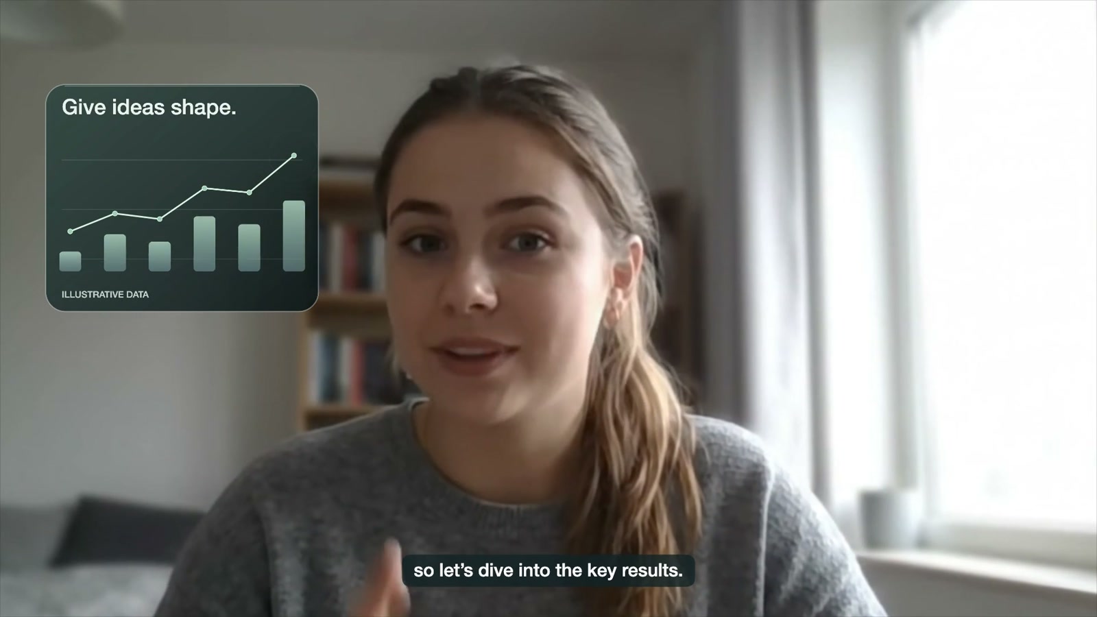 A zoomed presenter beside an animated mint glass chart