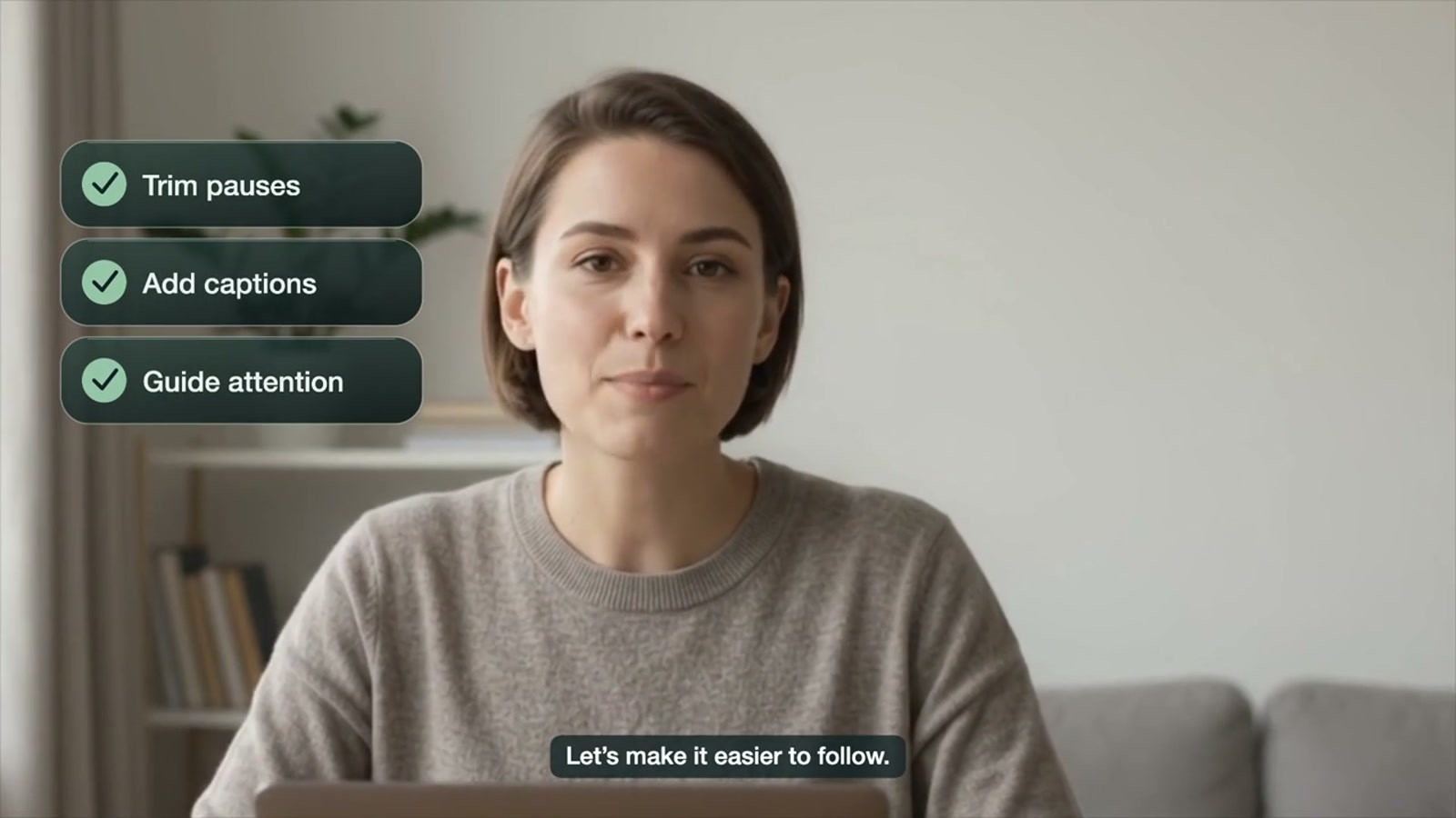 A zoomed presenter with mint glass motion graphics beside her